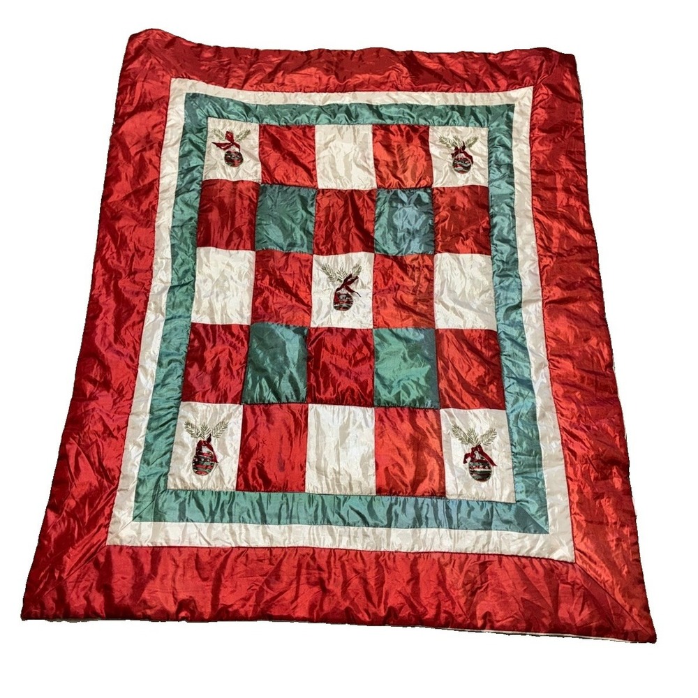 Christmas Quilt Throw Satin Holiday Ornaments Decor 60x50" *flaw